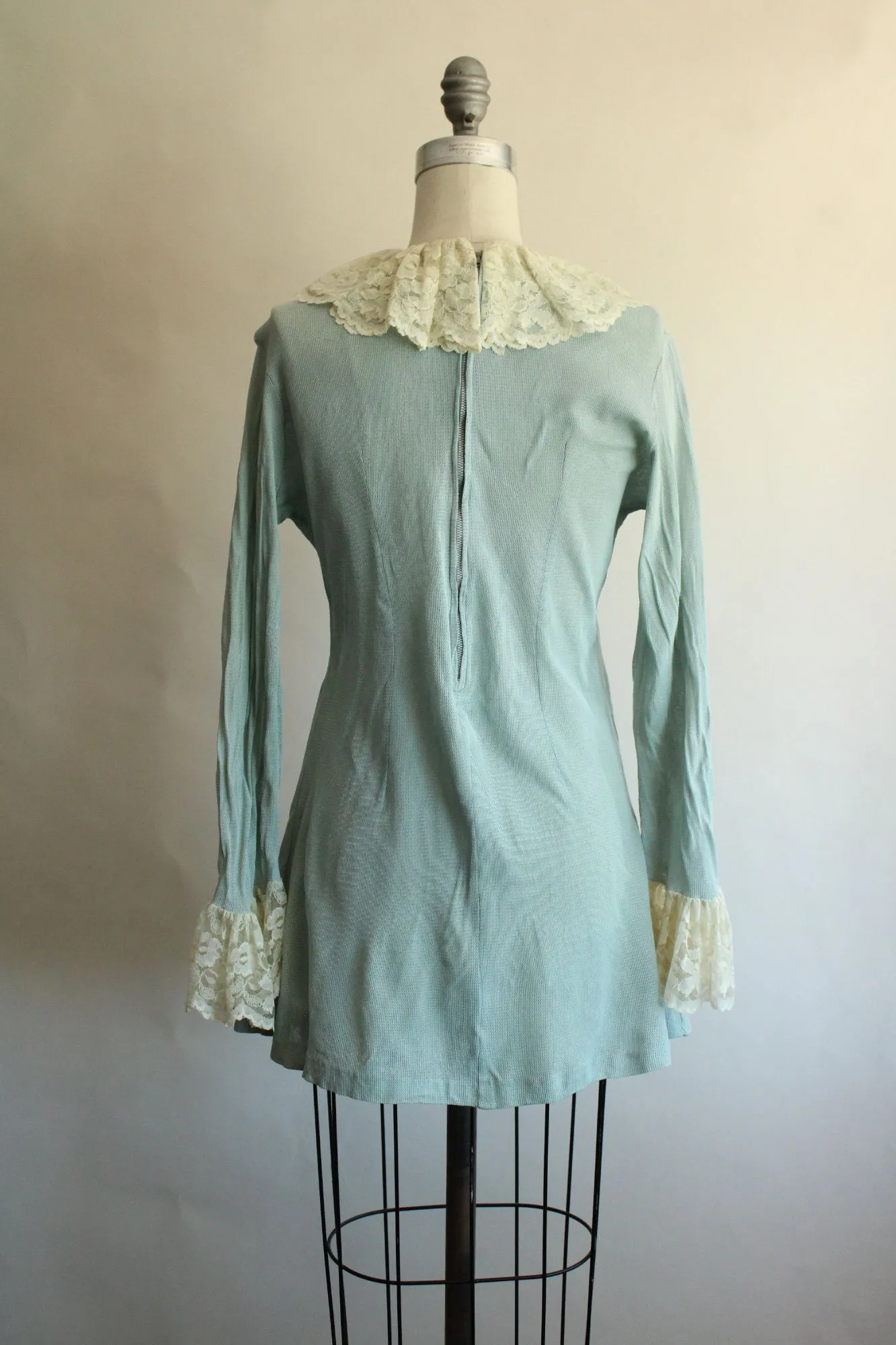 Vintage 1960s Pale Blue Mini Dress with Ivory Lace Jabot Collar and Cuffs