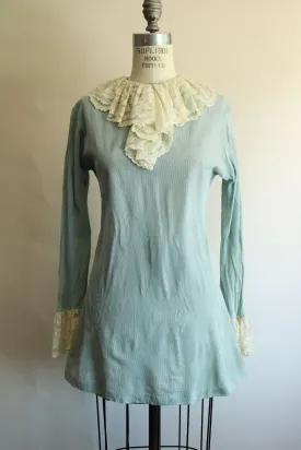 Vintage 1960s Pale Blue Mini Dress with Ivory Lace Jabot Collar and Cuffs