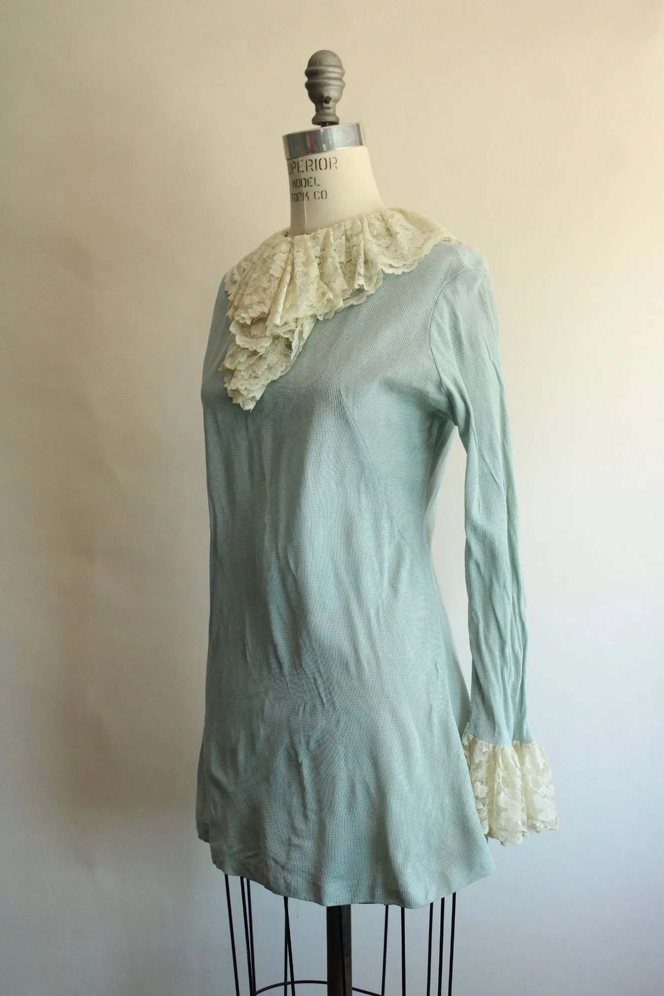 Vintage 1960s Pale Blue Mini Dress with Ivory Lace Jabot Collar and Cuffs