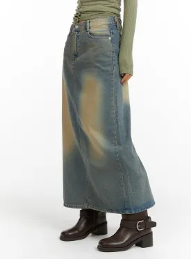 Washed Denim A-Line Maxi Skirt CF419