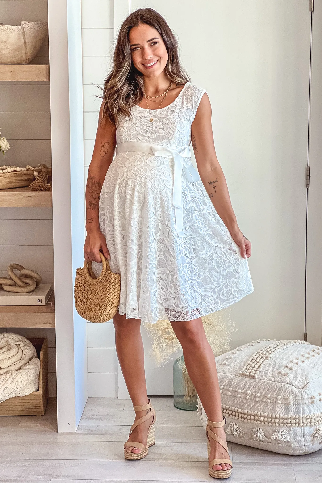 White Lace Maternity Short Dress