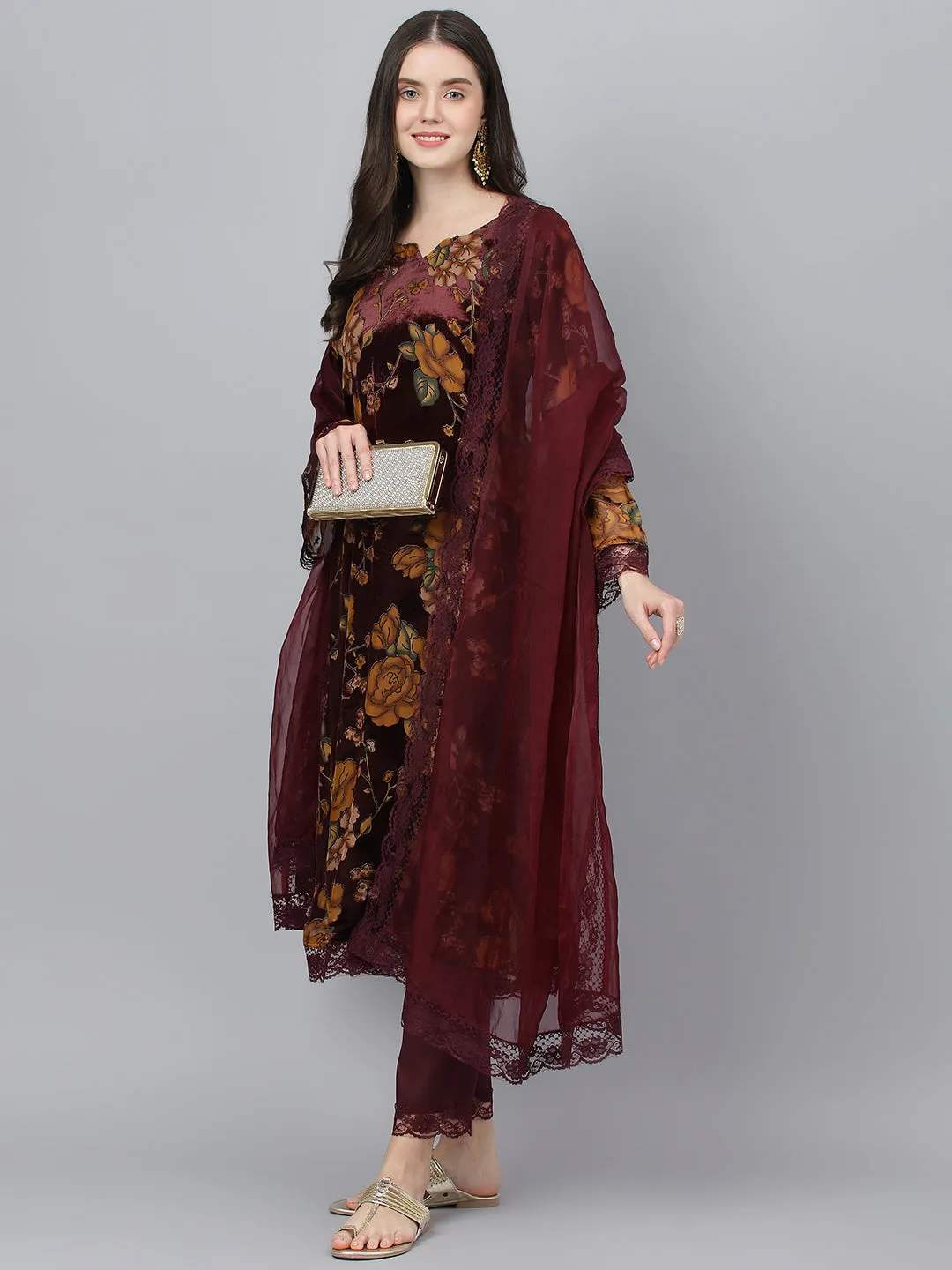 Women Wine Floral Burn Out Valvet Kurta Pant With Organza Dupatta Set