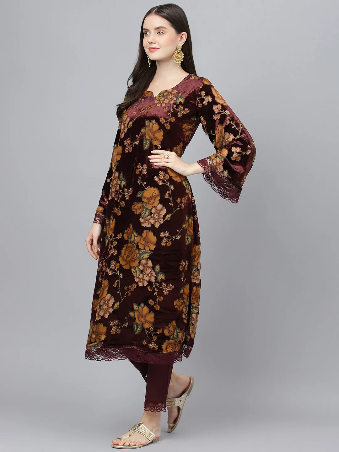 Women Wine Floral Burn Out Valvet Kurta Pant With Organza Dupatta Set