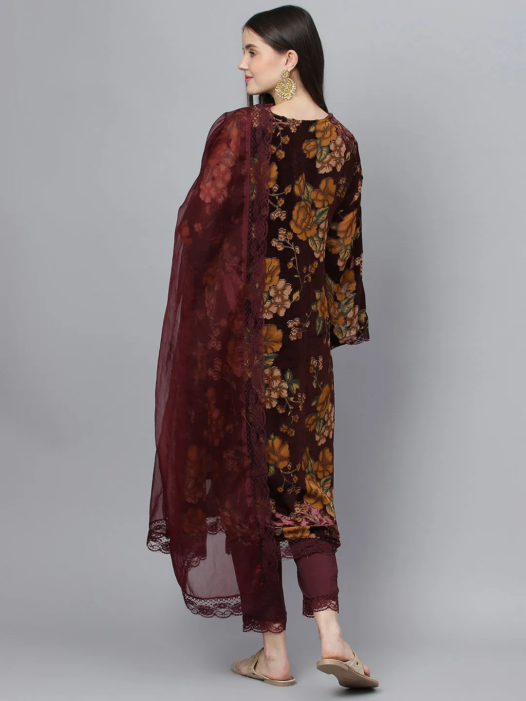 Women Wine Floral Burn Out Valvet Kurta Pant With Organza Dupatta Set