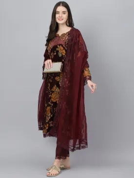 Women Wine Floral Burn Out Valvet Kurta Pant With Organza Dupatta Set