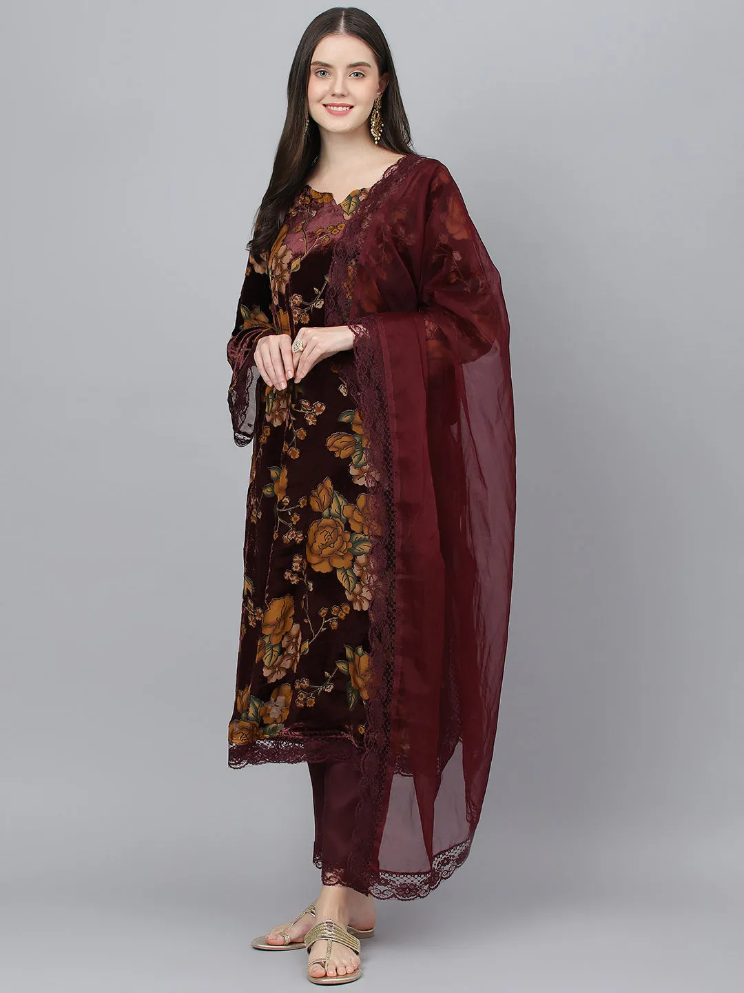 Women Wine Floral Burn Out Valvet Kurta Pant With Organza Dupatta Set