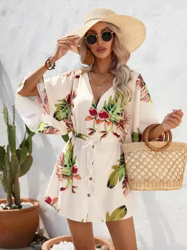 Women’s Beach Dolman Half Sleeve V-neck Floral Print Adjustable Dress