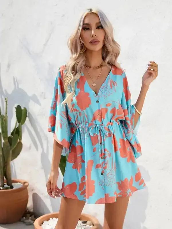 Women’s Beach Dolman Half Sleeve V-neck Floral Print Adjustable Dress