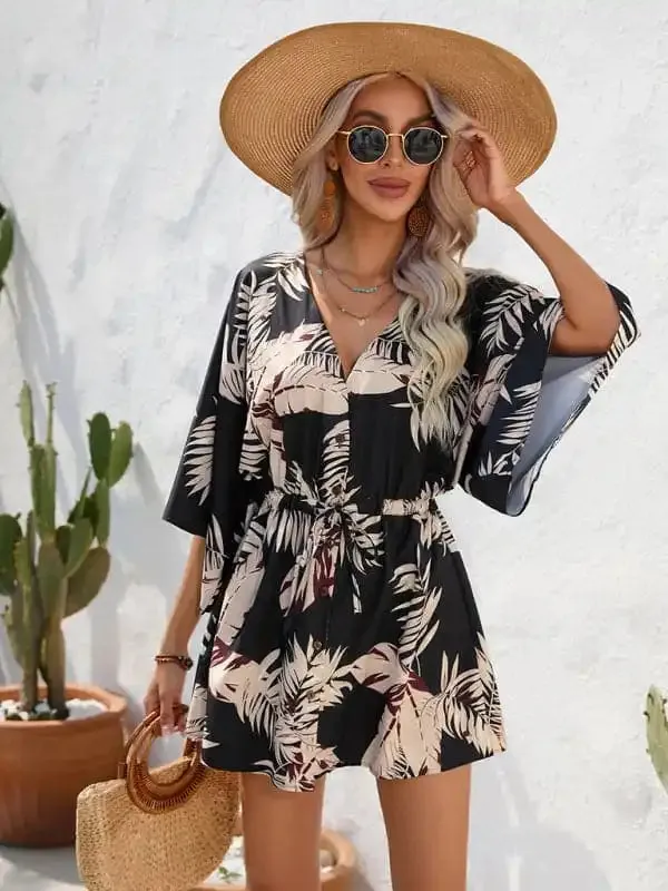 Women’s Beach Dolman Half Sleeve V-neck Floral Print Adjustable Dress