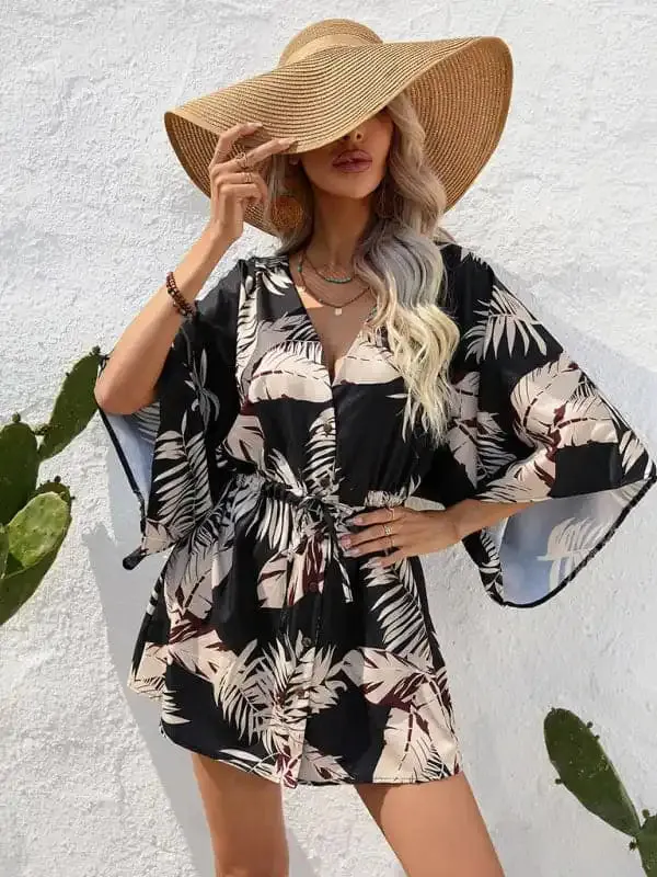 Women’s Beach Dolman Half Sleeve V-neck Floral Print Adjustable Dress