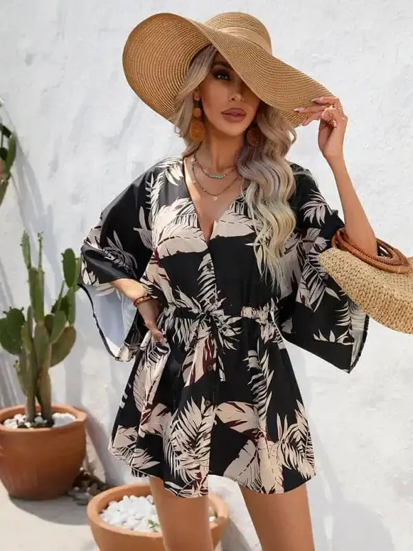 Women’s Beach Dolman Half Sleeve V-neck Floral Print Adjustable Dress