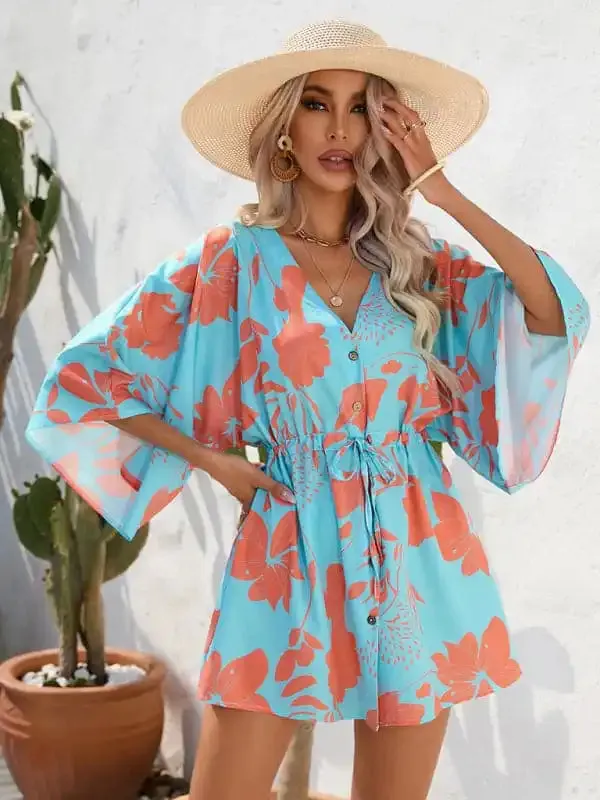 Women’s Beach Dolman Half Sleeve V-neck Floral Print Adjustable Dress