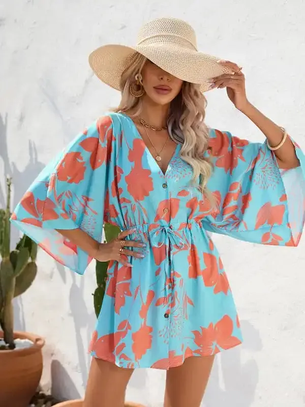 Women’s Beach Dolman Half Sleeve V-neck Floral Print Adjustable Dress