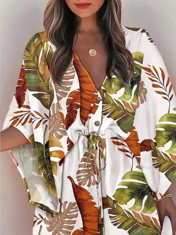 Women’s Beach Dolman Half Sleeve V-neck Floral Print Adjustable Dress