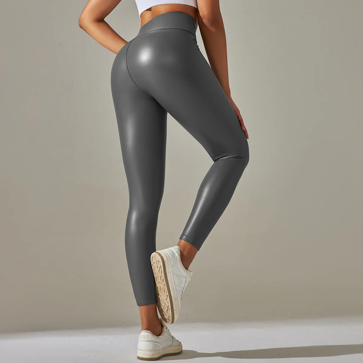 Women's Fashion PU Leather High Waist Tight Yoga Pants