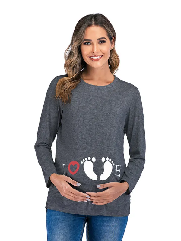 Women's Maternity Round Neck Small Feet Print Top