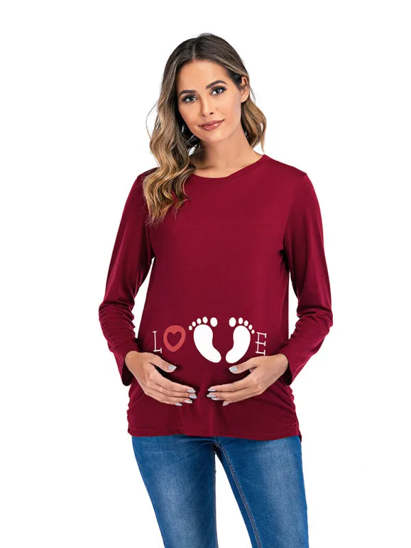 Women's Maternity Round Neck Small Feet Print Top