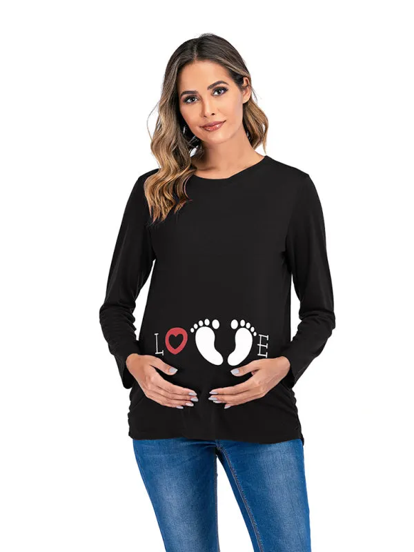 Women's Maternity Round Neck Small Feet Print Top