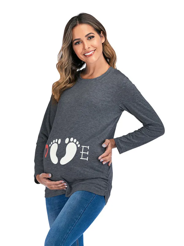 Women's Maternity Round Neck Small Feet Print Top