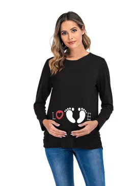 Women's Maternity Round Neck Small Feet Print Top