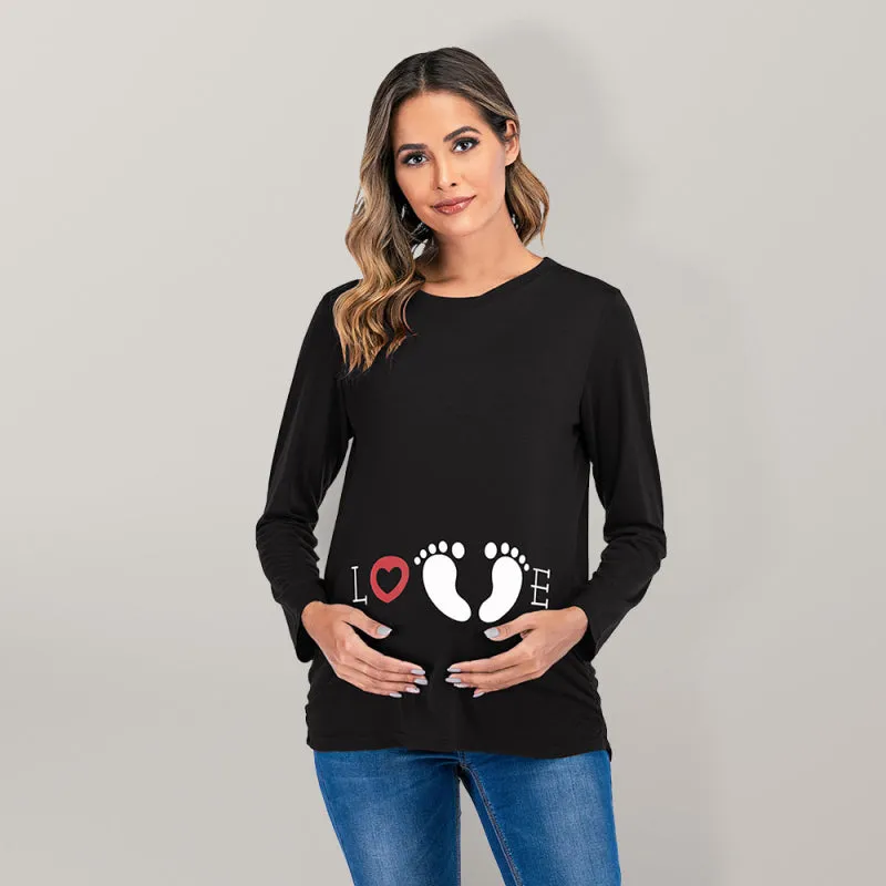 Women's Maternity Round Neck Small Feet Print Top