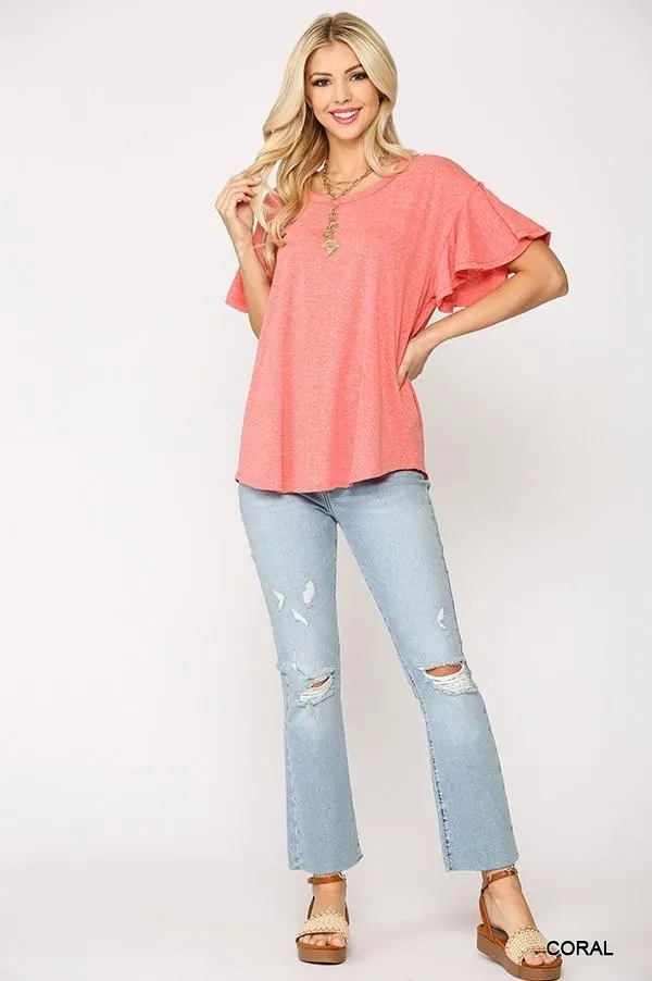 Women's Solid Round Neck Frill Sleeve Top With Scoop Hem