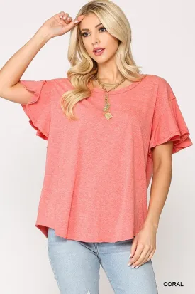 Women's Solid Round Neck Frill Sleeve Top With Scoop Hem