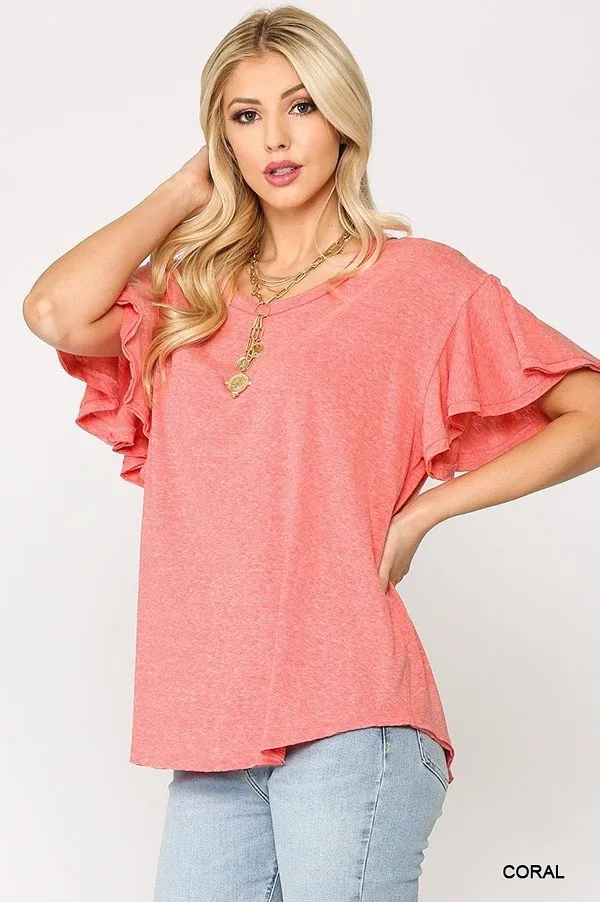 Women's Solid Round Neck Frill Sleeve Top With Scoop Hem